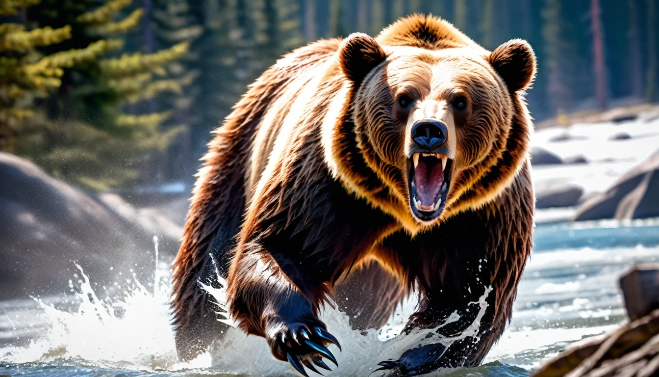 Realistic photos, RAW Photos, grizzly bear, attacks viewer, Powerful movements, jump on prey, ((Dynamic jump)), Sharp Claws, grizzly bear approaching from above, sudden approach, Bad-tempered, dynamic Shot from grand