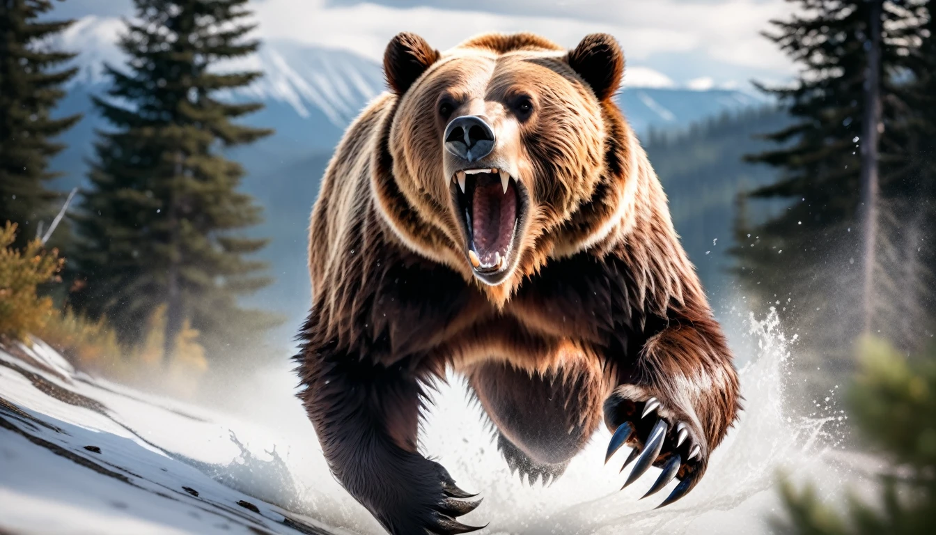 Realistic photos, RAW Photos, grizzly bear, attacks viewer, Powerful movements, jump on prey, ((Dynamic jump)), Sharp Claws, grizzly bear approaching from above, sudden approach, Bad-tempered, dynamic Shot from grand