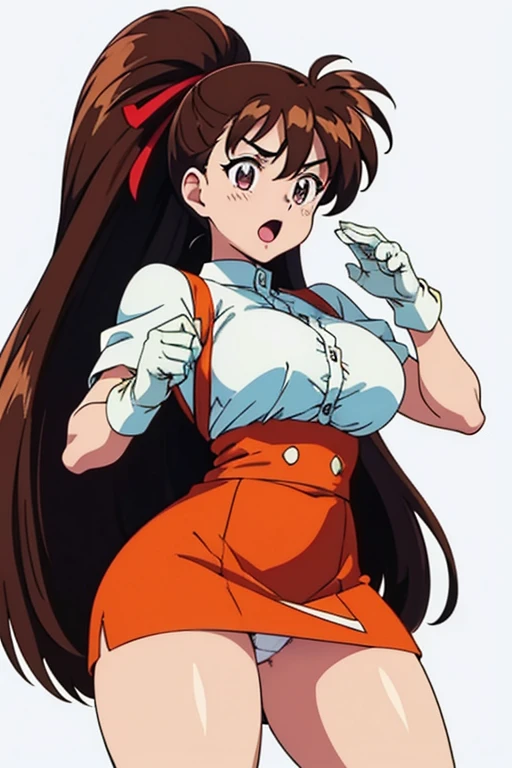 ((masterpiece, Highest quality, High resolution、Retro Anime、1990s.Cel animation)), Short Ponytail, Thimble gloves, Pink Ribbon, brooch, Embarrassed face, Open your mouth,View your audience、Chubby、(Wide pelvis、Simple white background、Angle from the front、Orange Skirt、White panties are visible、kick、Raise your hands slightly、Thick thighs)