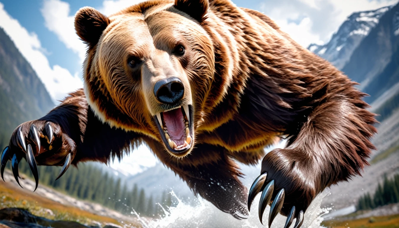 Realistic photos, RAW Photos, grizzly bear, attacks viewer, Powerful movements, jump on prey, ((Dynamic jump)), Sharp Claws, grizzly bear approaching from above, sudden approach, Bad-tempered, dynamic Shot from grand