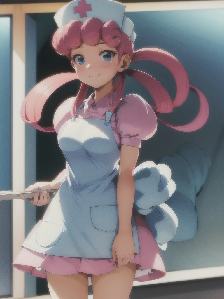 (masterpiece, best quality:1.2), nurse joy, pokemon, blue eyes, closed mouth, long hair, pink hair, short sleeves, nurse, blush, holding, puffy short sleeves, large breasts, puffy sleeves, nurse cap, 1girl, looking at viewer, smile, solo, hat, dress, apron, hair rings, clipboard