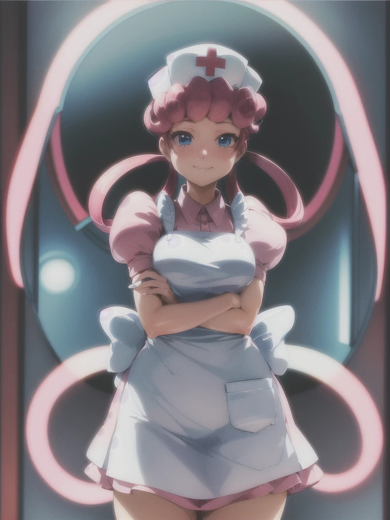 (masterpiece, best quality:1.2), nurse joy, pokemon, blue eyes, closed mouth, long hair, pink hair, short sleeves, nurse, blush, holding, puffy short sleeves, large breasts, puffy sleeves, nurse cap, 1girl, looking at viewer, smile, solo, hat, dress, apron, hair rings, clipboard