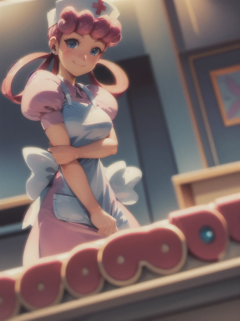 (masterpiece, best quality:1.2), nurse joy, pokemon, blue eyes, closed mouth, long hair, pink hair, short sleeves, nurse, blush, holding, puffy short sleeves, large breasts, puffy sleeves, nurse cap, 1girl, looking at viewer, smile, solo, hat, dress, apron, hair rings, clipboard