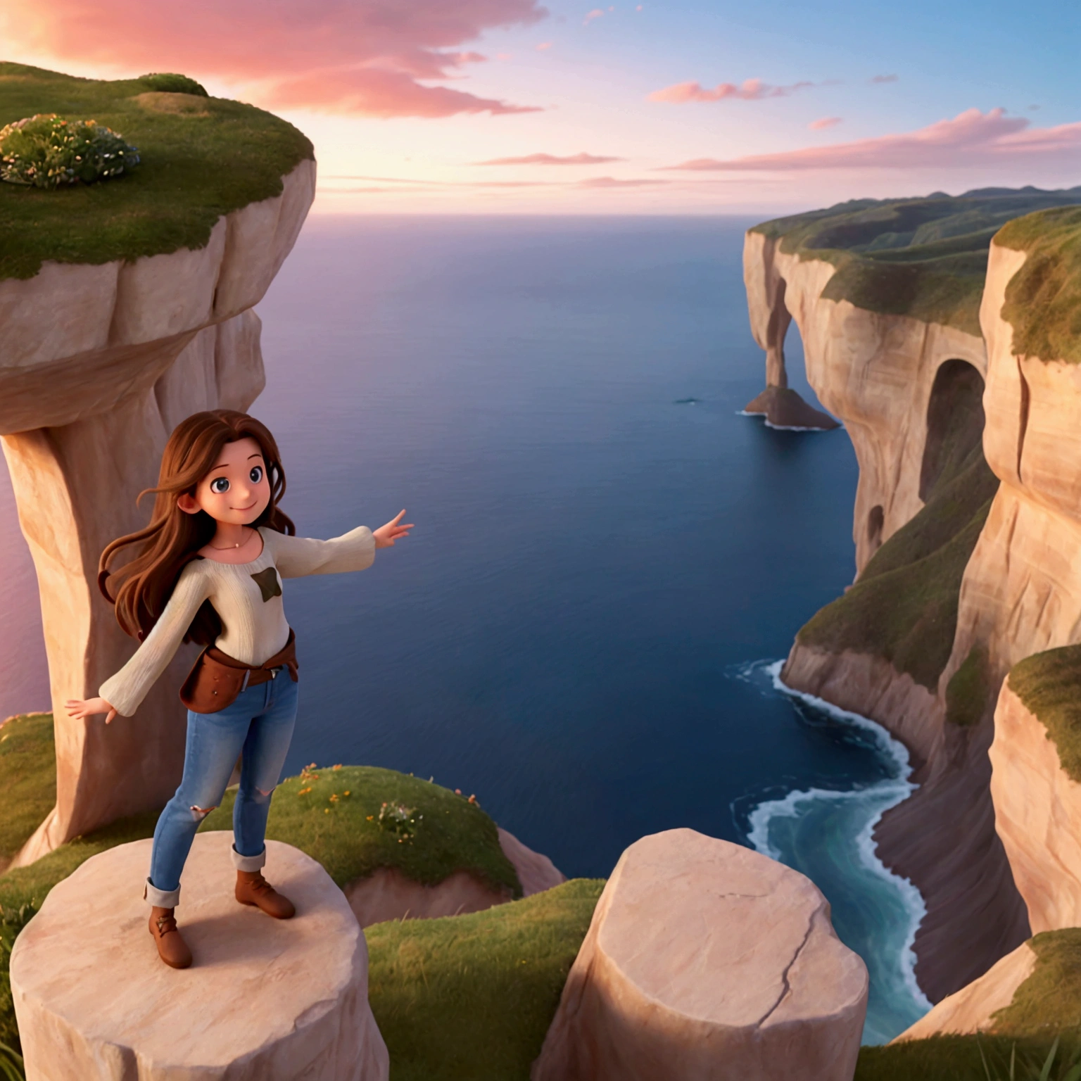 A young woman, full height, long brown hair stands on the edge of a cliff, the ocean below, colored by the dawn rays, a beautiful dawn, a girl smiles, she spreads her arms, she is wearing jeans, a long-sleeved sweatshirt, sleeves are flowing back in the wind, hair is developing back, the beginning of a new life, Disney style, masterpiece, Best quality, official art, 8k wallpaper, Very detailed