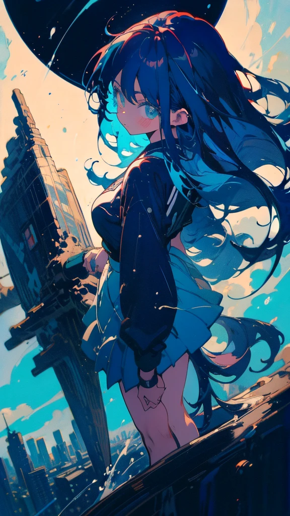 Blue-haired long hair,Design clothing,Seven-doppelganger shot,Anime style 4K,Anime girl with teal hair,High quality anime art style,Standing painting,Splash ink background,Blue Themes、Pure white background,Buildings,Face close-up,Buildings,Moon and sun、Long legs, whale flying in the sky,giant whale