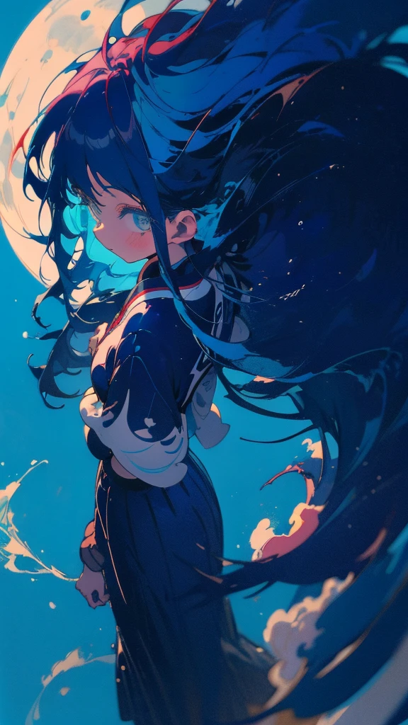 Blue-haired long hair,Design clothing,Seven-doppelganger shot,Anime style 4K,Anime girl with teal hair,High quality anime art style,Standing painting,Splash ink background,Blue Themes、Pure white background,Buildings,Face close-up,Buildings,Moon and sun、Long legs, whale flying in the sky,giant whale
