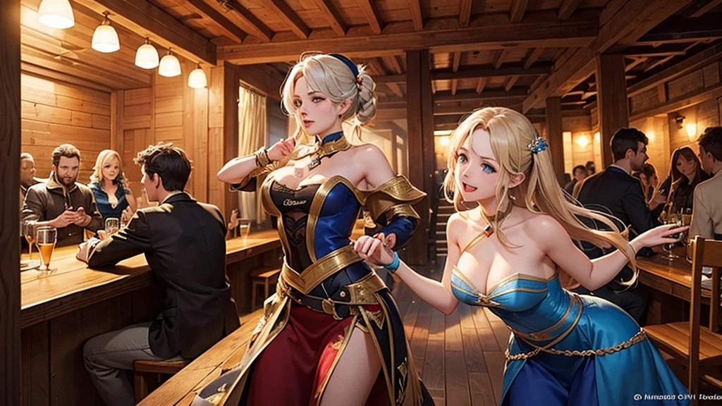 A beautiful woman is the main character, and men and women are enjoying music and dancing at a bar. Middle ages, bard, epic, inside a wooden house