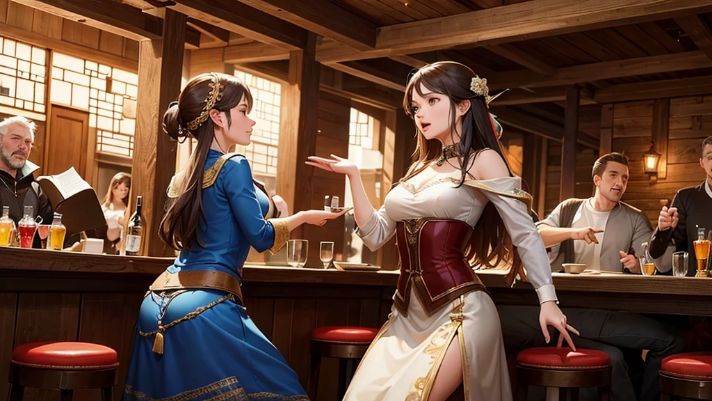 A beautiful woman is the main character, and men and women are enjoying music and dancing at a bar. Middle ages, bard, epic, inside a wooden house