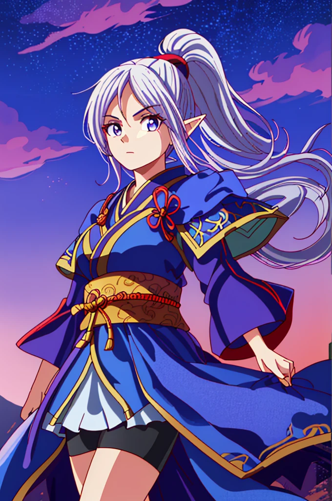 Highest quality,High resolution, ((DQ10)) ,(Elf),Martial Artist,(Japanese sword),One person,warrior,(white_armor),purple,kimono,woman,One personで,ponytail,strongest,Anime Style,(Night Sky_background),(Limbs),(Full Finger),(Accurate fingertips), (The finer details), (Super detailed),(Japanese sword:),4K,(high resolution),whole body, (Front angle), Looking at the camera,masterpiece,(Subtle details),(Intricate details),Octane Rendering,(Hyper Detail),
