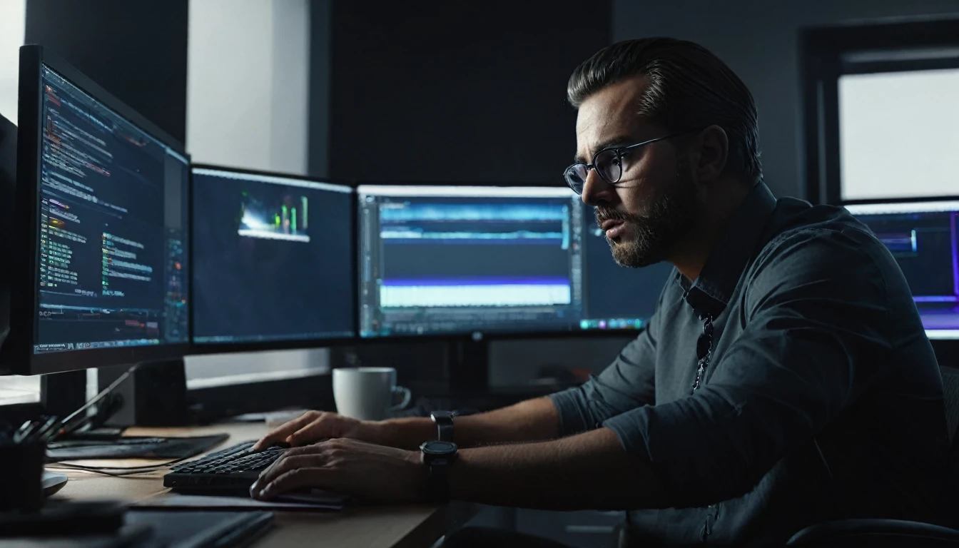 a man sitting at a desk in front of a computer, editing video, detailed facial features, intense expression, focused on the task, office interior, modern technology, cinematic lighting, moody atmosphere, high quality, photorealistic, cinematic, digital art