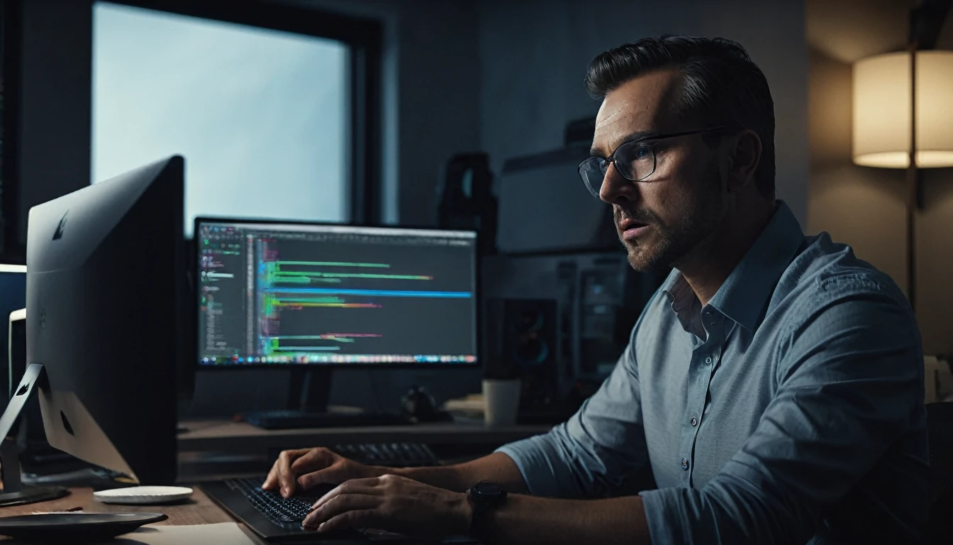 a man sitting at a desk in front of a computer, editing video, detailed facial features, intense expression, focused on the task, office interior, modern technology, cinematic lighting, moody atmosphere, high quality, photorealistic, cinematic, digital art