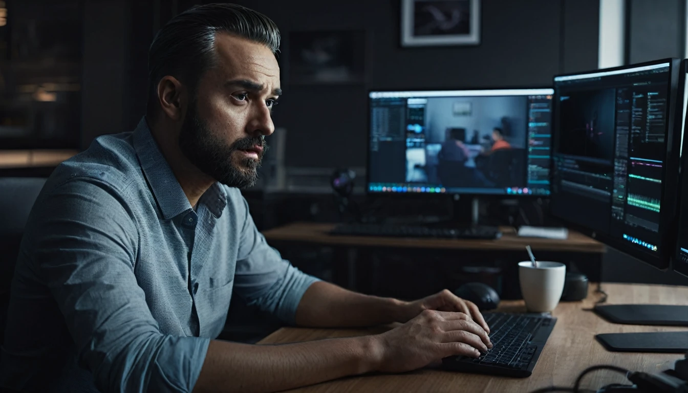 a man sitting at a desk in front of a computer, editing video, detailed facial features, intense expression, focused on the task, office interior, modern technology, cinematic lighting, moody atmosphere, high quality, photorealistic, cinematic, digital art