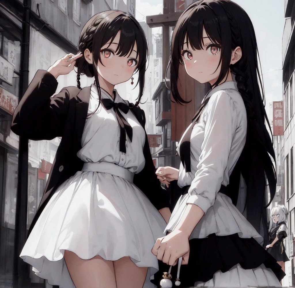 The hair of the girl on the left is changed to black. The pupils of the girl on the right are changed to brown. The top of the girl on the right is changed to a Chinese gauze skirt style, exposing her back. The thin braids of the girl on the right hang down on her chest. There should be a string of small silver bells at the end of the braids of the girl on the right. The girl on the right should have complicated hair accessories. The face of the girl on the left should be thinner, and the hands should not appear. You only need to redraw the other things I mentioned above.