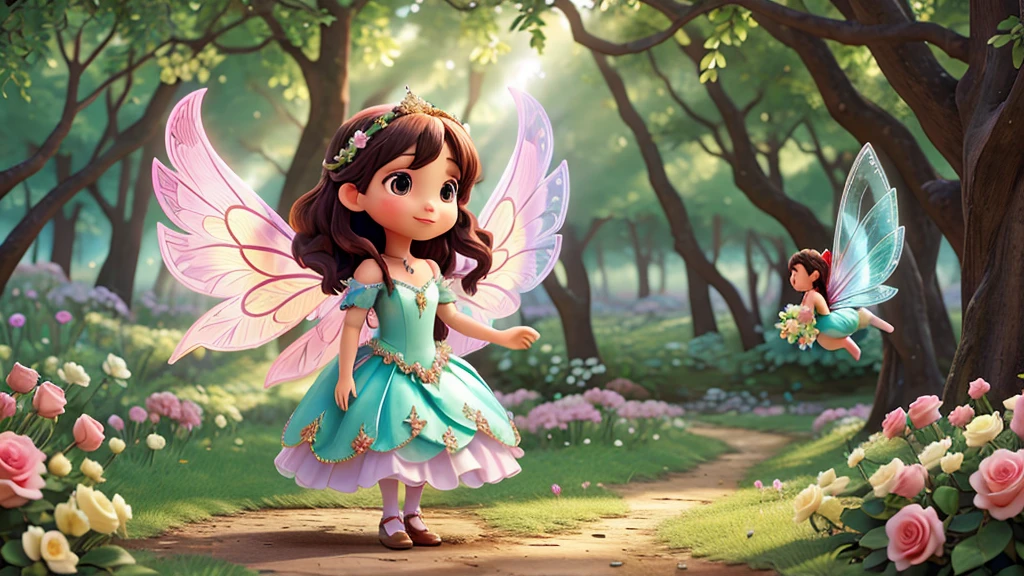 Create a beautiful fairy with shining wings and a beautiful dress of roses in a forest of flowers