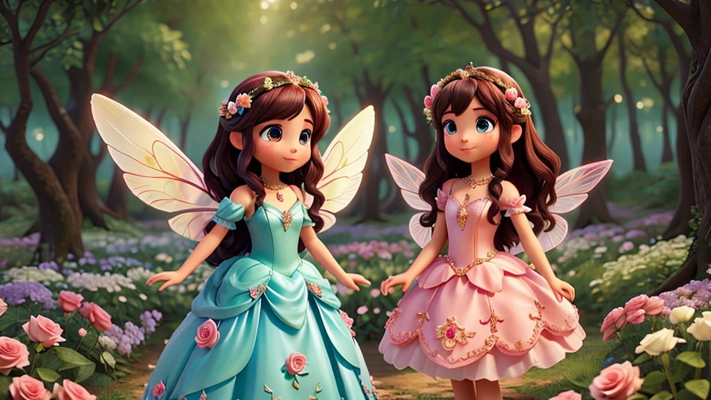 Create a beautiful fairy with shining wings and a beautiful dress of roses in a forest of flowers