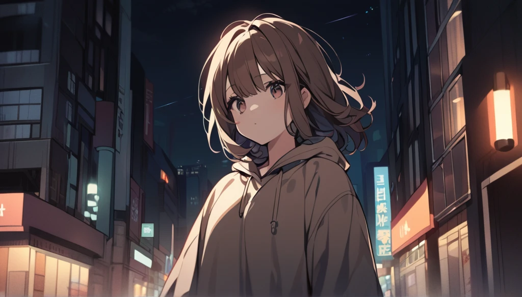 A cute girl with brown hair walking through the city at night Lonely face