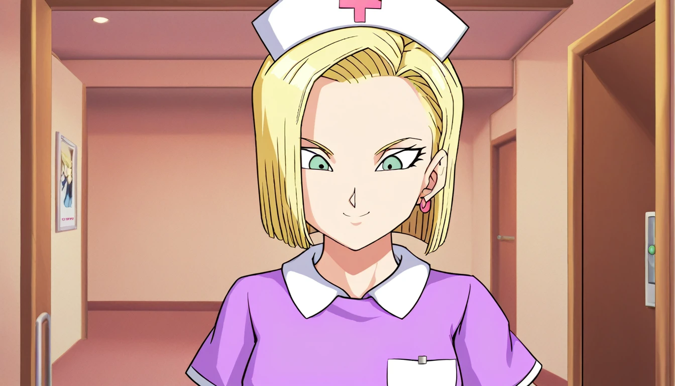 System Deep_Android 18, One girl, 一人in, chest, Looking_in_Audience, smile, short_hair, green_eye, blonde_hair, nurse_Costume, indoor, 