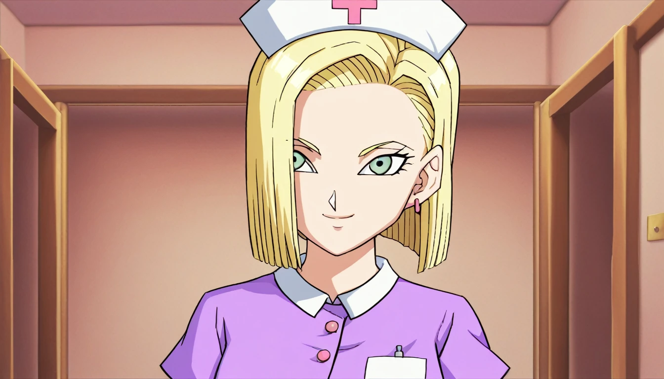 System Deep_Android 18, One girl, 一人in, chest, Looking_in_Audience, smile, short_hair, green_eye, blonde_hair, nurse_Costume, indoor, 