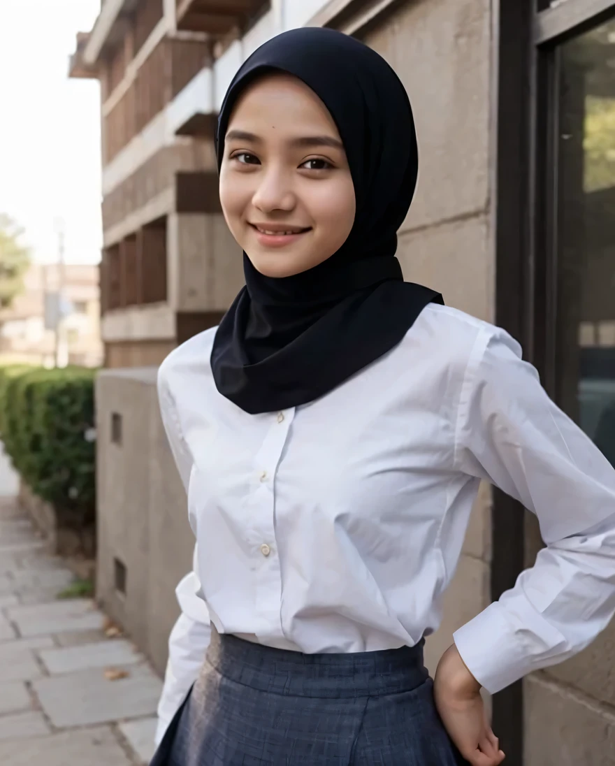  short skinny girl, tucked shirt, long skirt, long sleeves,little cute smile, using hijab