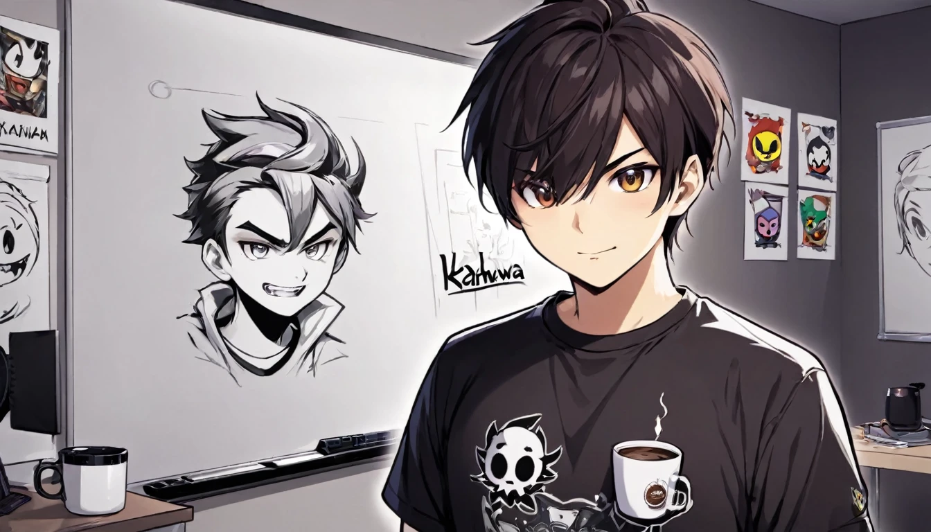 A gamer guys with tshirt has logo Kahwaa and cup of coffé plans on a whiteboard with pictures and papers hung on it, evil dark room , there is a scary faces and Puzzles on the wall,his tshirt has this Kahwaa name