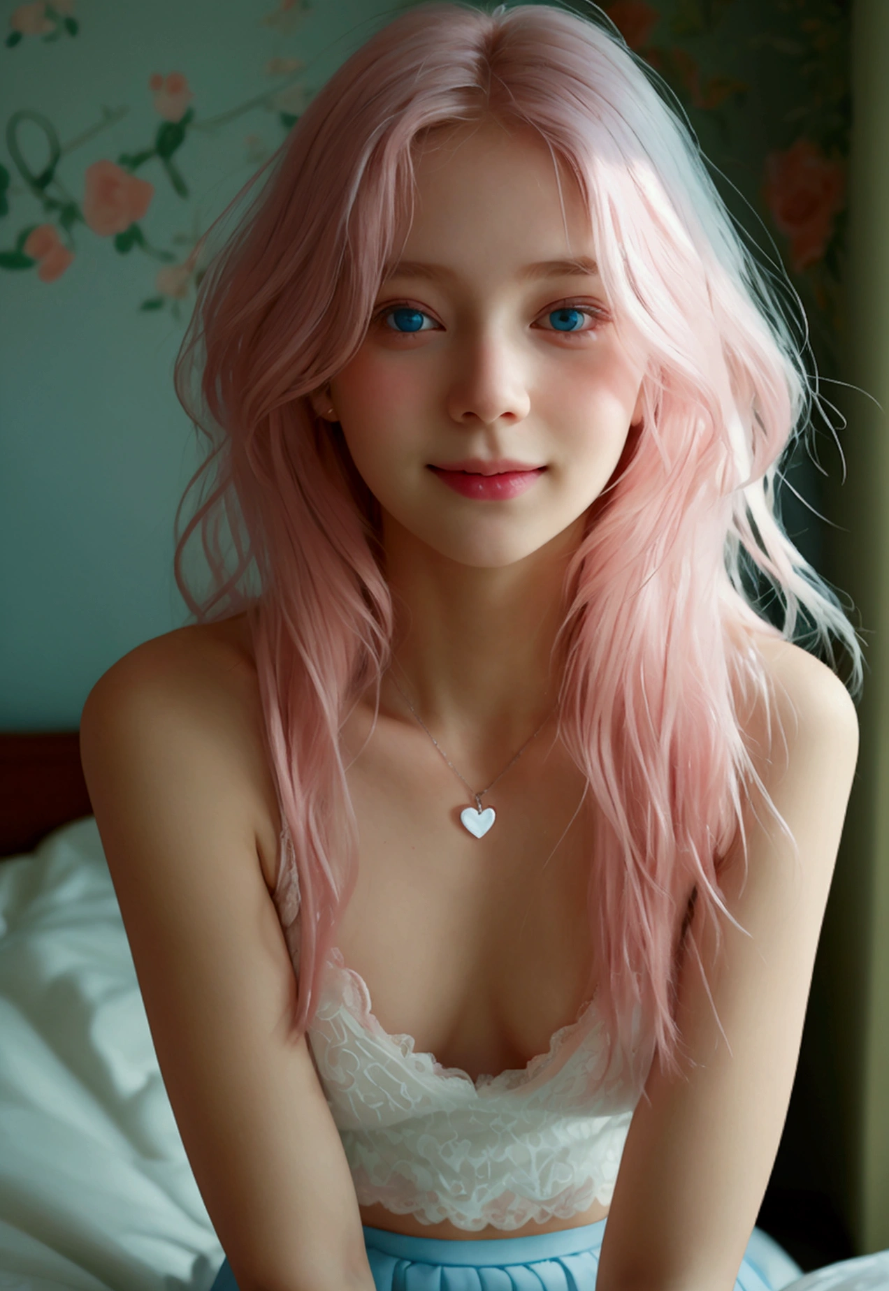 a girl, white skin, young, long pink hair, messy hair, thin arms, small mouth, small nose, small breasts, pink skirt, transparent lace crop top, heart-shaped necklace, small blue eyes, blush, smile embarrassed, realistic view, shy, sitting in a room on the bed, good lighting, European origin, lots of details on face and clothes