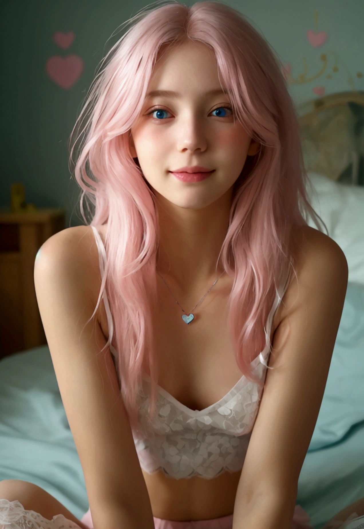 a girl, white skin, young, long pink hair, messy hair, thin arms, small mouth, small nose, small breasts, pink skirt, transparent lace crop top, heart-shaped necklace, small blue eyes, blush, smile embarrassed, realistic view, shy, sitting in a room on the bed, good lighting, European origin, lots of details on face and clothes