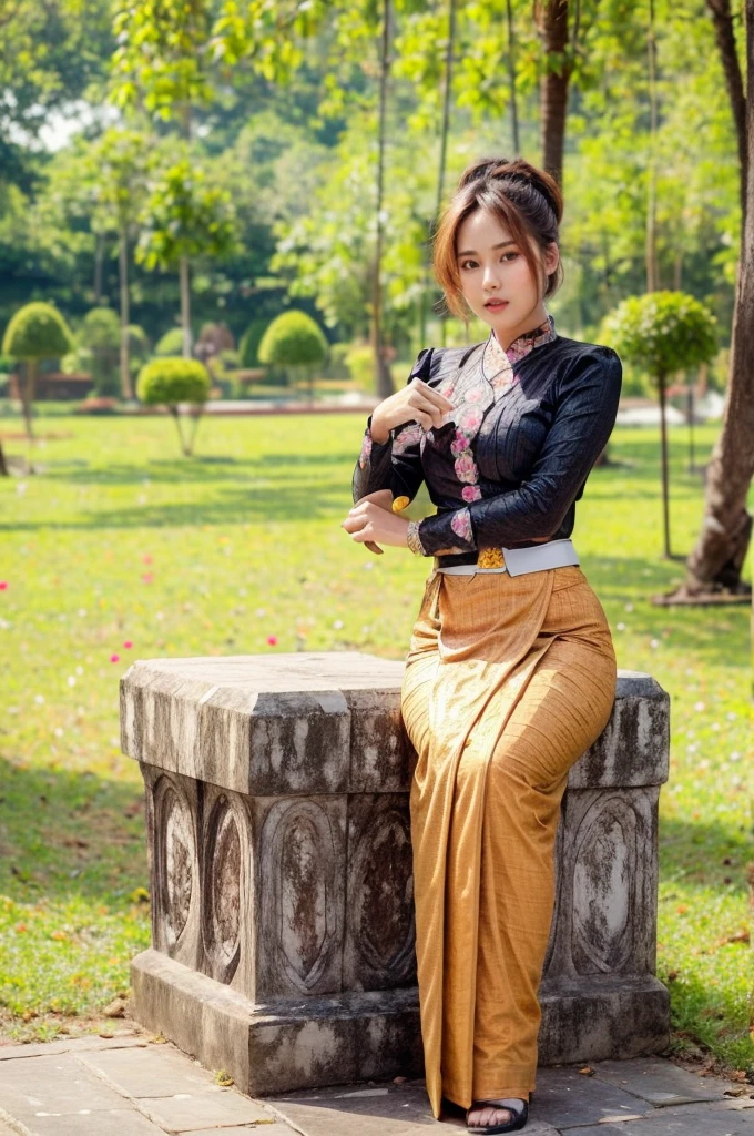 1 girl, pretty lady MoonLay, wearing Traditional Burmese Wedding Outfits, sitting on garden in Mandalay Palace, flowers, perfect face and body, Amazing Perfect breasts, Short Hair, Orange Brown Color Hair, Amazing Perfect Portrait pose, realistic, 4k, soft skin, soft light, detailed skin texture.