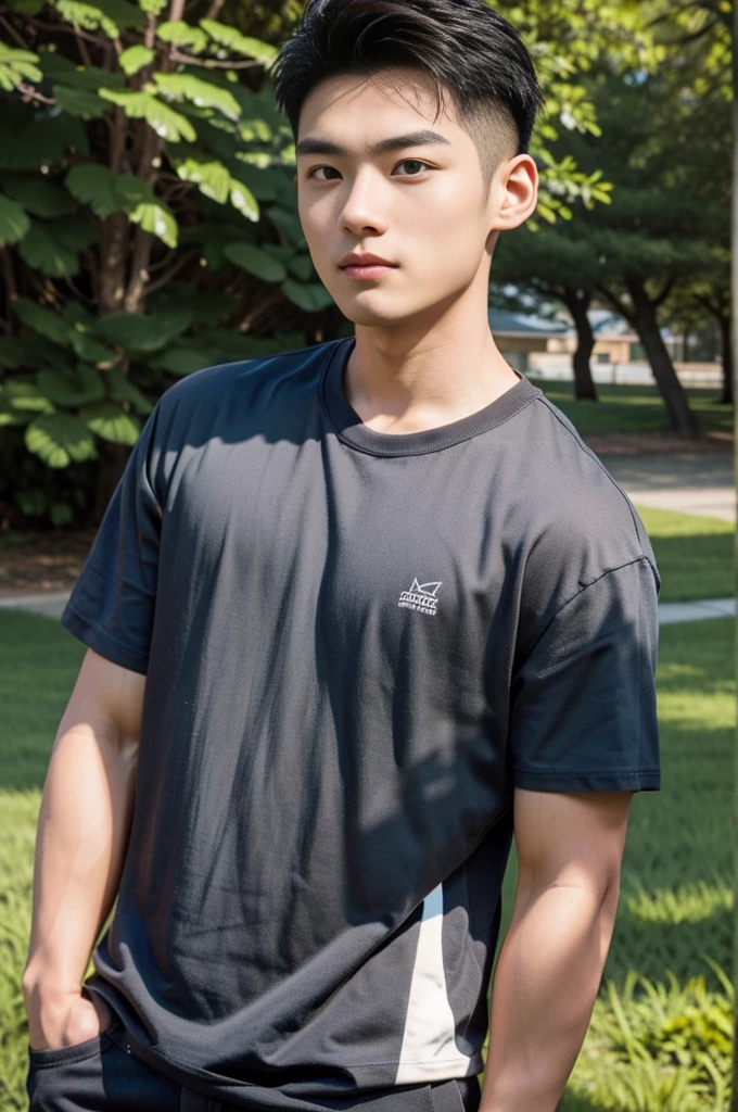 A young Asian man stands, handsome, muscular, looking at the camera. In a simple black t-shirt, Fieldside, grass, beach, sunlight