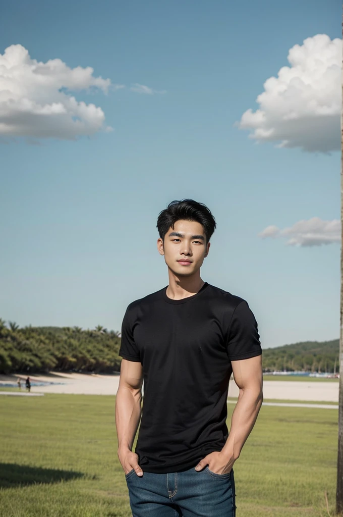 A young Asian man stands, handsome, muscular, looking at the camera. In a simple black t-shirt, Fieldside, grass, beach, sunlight