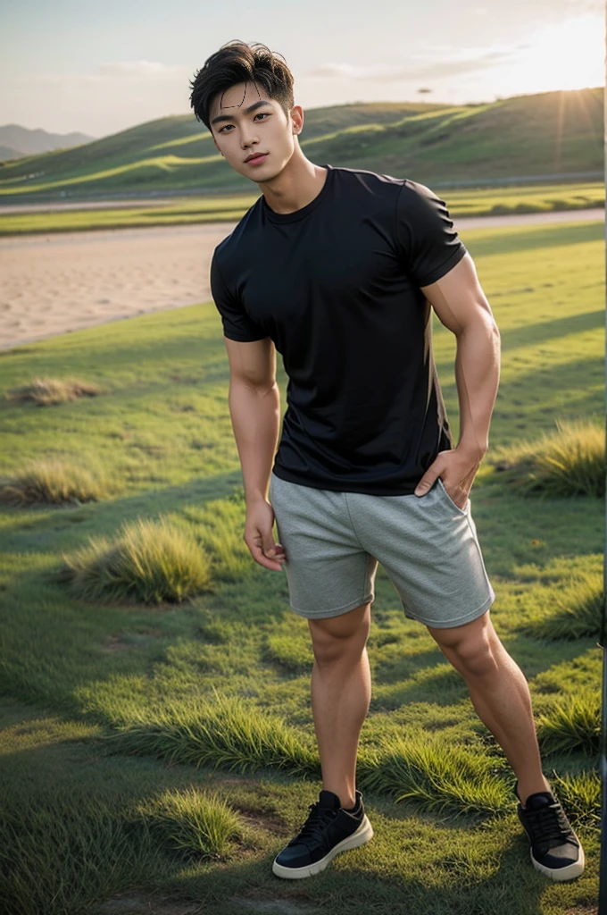 A young Asian man stands, handsome, muscular, looking at the camera. In a simple black t-shirt, Fieldside, grass, beach, sunlight