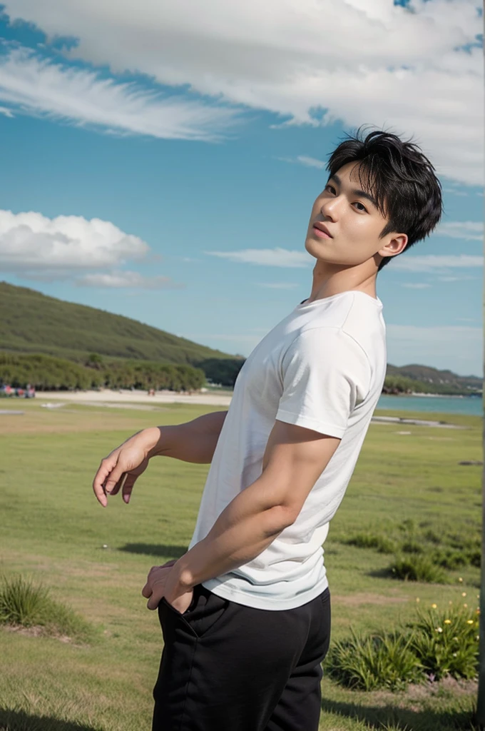 A young Asian man stands, handsome, muscular, looking at the camera. In a simple black t-shirt, Fieldside, grass, beach, sunlight