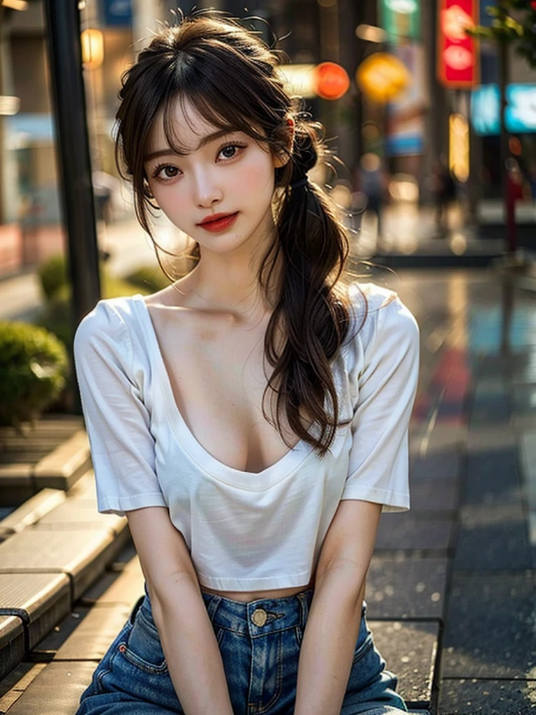 (yor), (Best quality, 8k, Masterpiece :1.3), (realistic, photorealistic: 1.37), (1girl), (slim), (Japanese), (random pose), (wet body), (long hair, random hairstyle), (outdoors), (Ultra-detailed face), (Detailed eyes), (Double eyelids), (eyeshadow intensifying), (many eyelashes), (professional lighting), (photon mapping), (radiosity), (looking directly at viewer), (full bodyesbian), (legs are open), (With a cropped T-shirt), (Slim figure), (Slim girl model), (25 years old female model), (gigantic cleavage breasts) (No bra, No top, Bare chest),