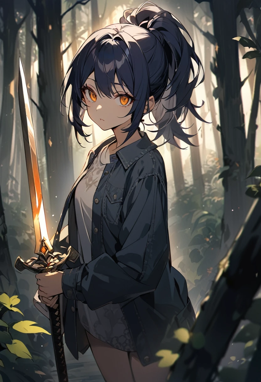 One Woman、dark dark blue hair、Hairstyle、ponytail、Orange eyes、Slanted Eyes、Casual clothing、whole body、Are standing、Hold the sword in your right hand、Point the sword towards the viewer、Dense forest、Dim lighting