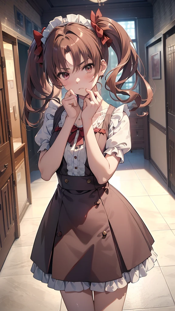 (highest quality, 8K, masterpiece, best image quality, ultra hd, delicate and smooth skin, real looking skin, perfect and beautiful face ,perfect and cute face, high detail skin, perfect limbs、thin waist、thin legs)、NSFW、grumpy face、twin tails、brown hair、red ribbon、(Maid clothes)、locker room、