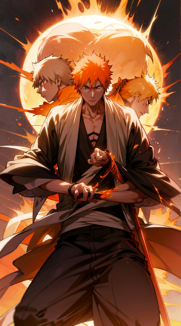 Create an image of Ichigo Kurosaki from Bleach, highly detailed and visually stunning. Include his iconic orange hair, determined expression, and his Shinigami outfit. Show him in a dynamic action pose, wielding his Zanpakuto with powerful energy emanating from it. The background should enhance the dramatic effect, with dark, swirling clouds and bursts of light. Make sure to capture the essence of his character and the intensity of the battle.