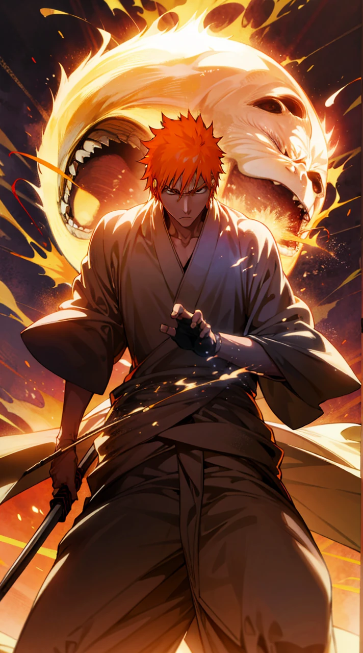 Create an image of Ichigo Kurosaki from Bleach, highly detailed and visually stunning. Include his iconic orange hair, determined expression, and his Shinigami outfit. Show him in a dynamic action pose, wielding his Zanpakuto with powerful energy emanating from it. The background should enhance the dramatic effect, with dark, swirling clouds and bursts of light. Make sure to capture the essence of his character and the intensity of the battle.