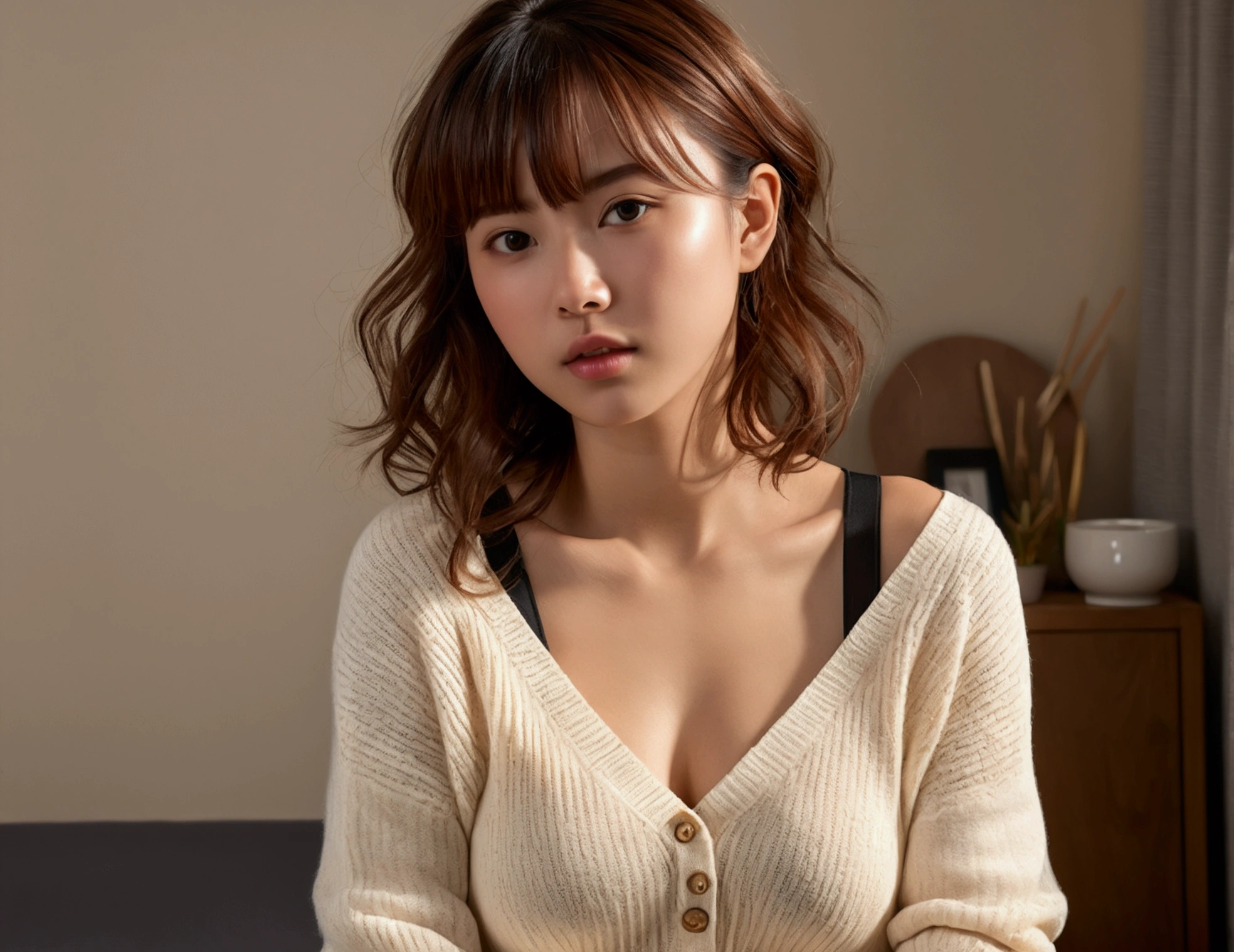 (masterpiece:1.3), (8k, Photorealistic, RAW Photos, Highest quality: 1.4), (1 Japanese girl), Beautiful Face, (A vivid face), (Brown Hair:1.5), (Medium Hair), Beautiful hairstyle, (One eye is hidden by bangs), Realistic brown eyes, Beautiful details, (Realistic Skin), Beautiful skins, Golden Ratio, (Take off:1.5), (Lift up your shirt, White sweater, Highly detailed black bra, Black pleated skirt:1.2), Moody bedroom