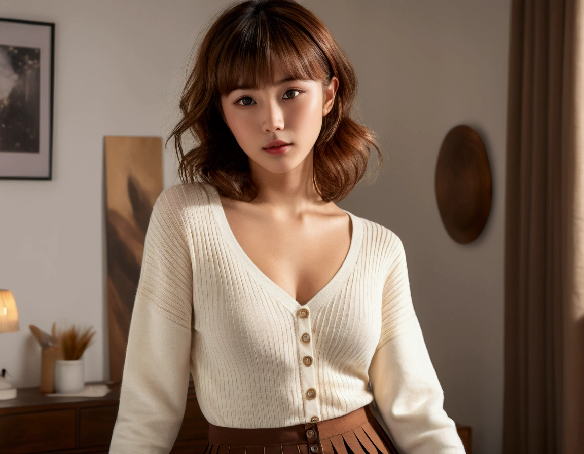 (masterpiece:1.3), (8k, Photorealistic, RAW Photos, Highest quality: 1.4), (1 Japanese girl), Beautiful Face, (A vivid face), (Brown Hair:1.5), (Medium Hair), Beautiful hairstyle, (One eye is hidden by bangs), Realistic brown eyes, Beautiful details, (Realistic Skin), Beautiful skins, Golden Ratio, (Take off:1.5), (Lift up your shirt, White sweater, Highly detailed black bra, Black pleated skirt:1.2), Moody bedroom