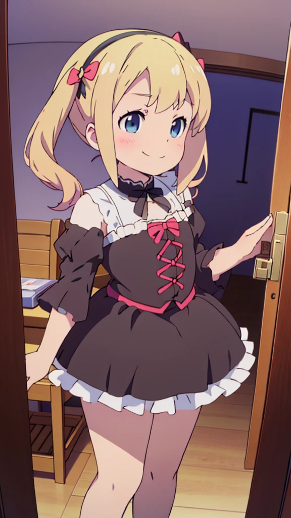 ((masterpiece))((Highest quality))girl、smile、blush、Flat Chest、Are thin、Blonde Hair、Are standing、Low - Angle、front、No background、真frontのアングル、Gothic ta with lots of frills、Twin tails、Angle where you can see inside the skirt、Fisheye Lens