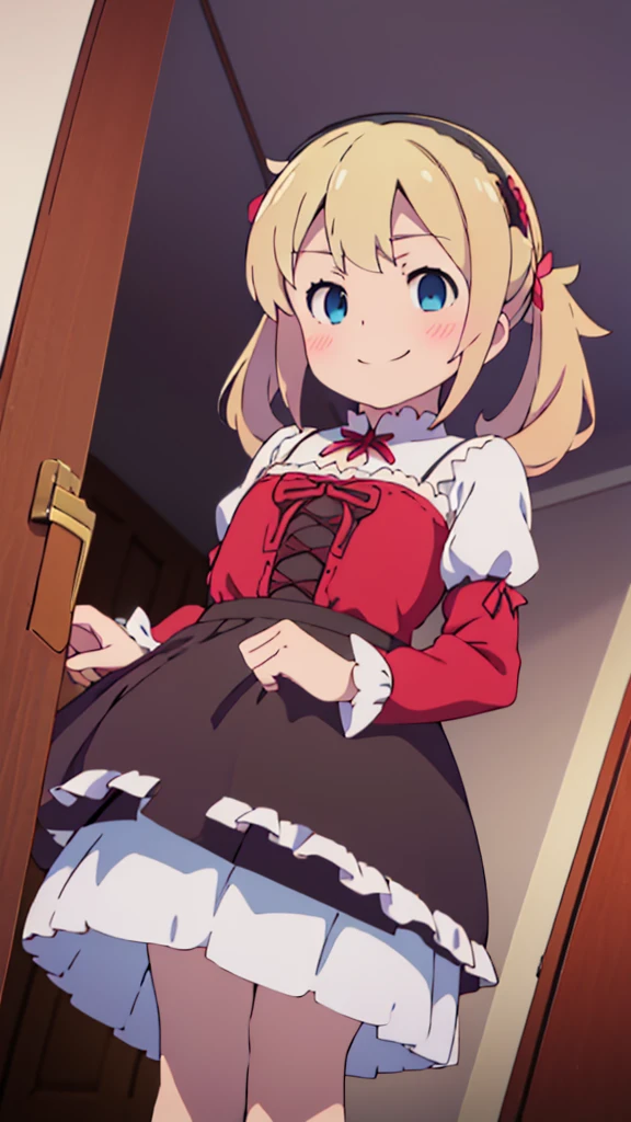 ((masterpiece))((Highest quality))girl、smile、blush、Flat Chest、Are thin、Blonde Hair、Are standing、Low - Angle、front、No background、真frontのアングル、Gothic Lolita with lots of frills、Twin tails、Angle where you can see inside the skirt、Fisheye Lens
