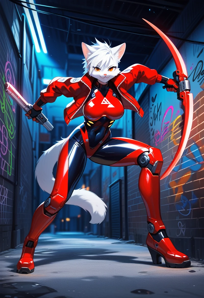 animation, Highest quality, Highest quality, High quality illustrations, masterpiece, Ultra-high resolution, Detailed Background, Alley, night, Graffiti art on the wall, Absurd, Perfect Anatomy, performance, Good lighting, Shadows in the movies(kemono, Furry PersonifiCation), Cat, woman, White Skin, Red Rubber Suit, latex, neon, neonライト, neonカラー, Bodysuits, Cyber Suit, Mech Suit, Rubber Half Jacket, cyber punk, Blade Runner, He has a gun in his right hand, Holding a blade in his left hand, Gunfight