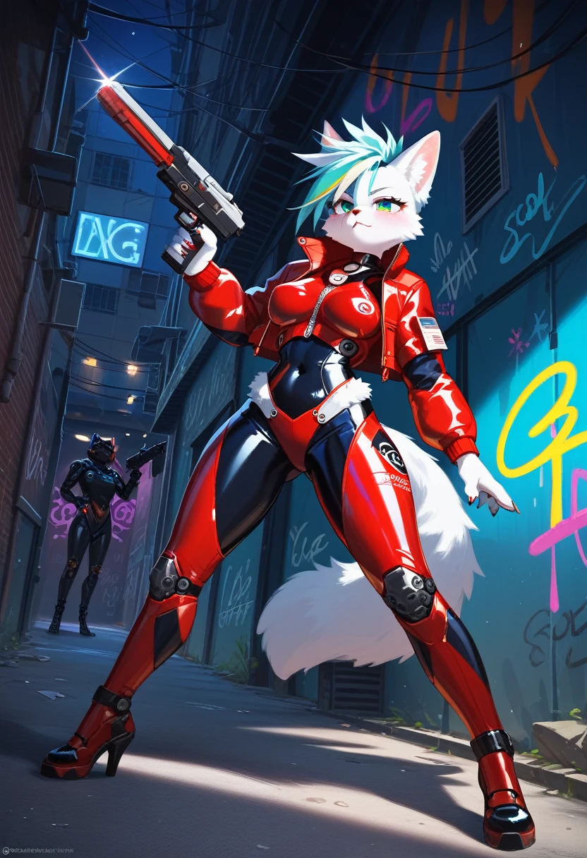 animation, Highest quality, Highest quality, High quality illustrations, masterpiece, Ultra-high resolution, Detailed Background, Alley, night, Graffiti art on the wall, Absurd, Perfect ???????, performance, Good lighting, Shadows in the movies(kemono, Furry PersonifiCation), Cat, woman, White Skin, Red Rubber Suit, latex, neon, neonライト, neonカラー, Bodysuits, Cyber Suit, Mech Suit, Rubber Half Jacket, cyber punk, Blade Runner, He has a gun in his right hand, Holding a blade in his left hand, Gunfight