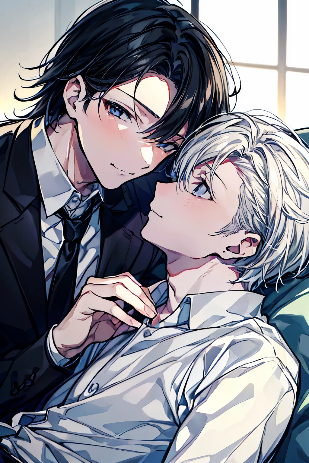 (Mastepiece), (Best Quality), Very detailed, ((Two men intimate)), Perfect Face, Beautiful Face, Very detailed顔,(One black-haired man:1.3),(One white-haired man:1.3),shirt、smile