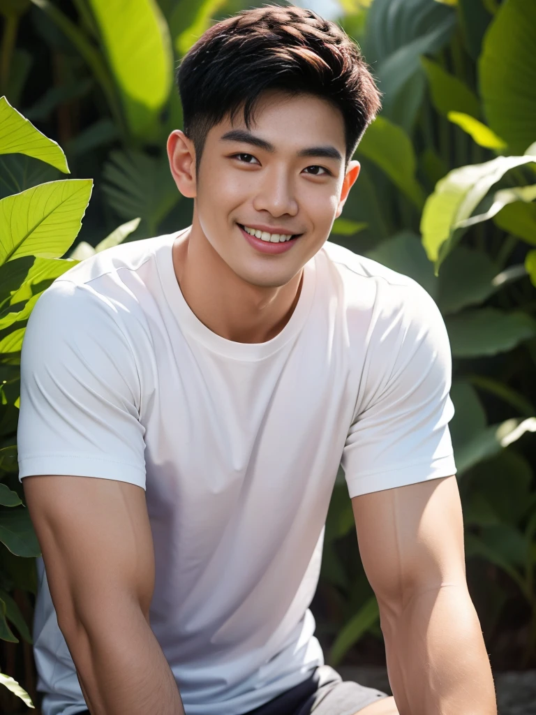 man , white t-shirt, black short hair , outdoor , cute smile , หน้าhandsomeแบบเกาหลีสมจริง , modest muscles , Masterpiece、High resolution、Surreal、detailed face、alone、man、Glowing skin、(Asia)、handsome、Detailed background