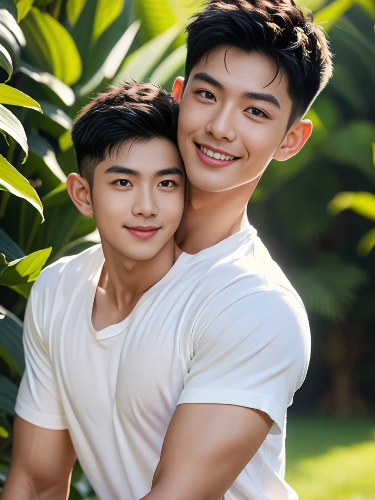 man , white t-shirt, black short hair , outdoor , cute smile , หน้าhandsomeแบบเกาหลีสมจริง , modest muscles , Masterpiece、High resolution、Surreal、detailed face、alone、man、Glowing skin、(Asia)、handsome、Detailed background