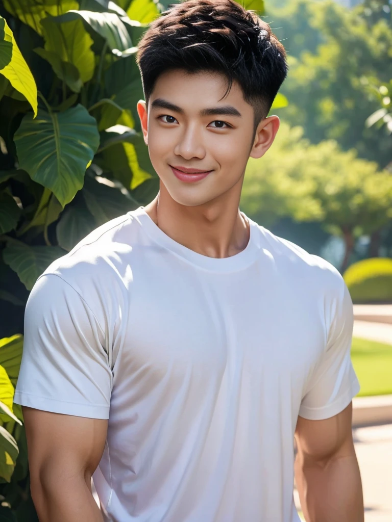 man , white t-shirt, black short hair , outdoor , cute smile , หน้าhandsomeแบบเกาหลีสมจริง , modest muscles , Masterpiece、High resolution、Surreal、detailed face、alone、man、Glowing skin、(Asia)、handsome、Detailed background