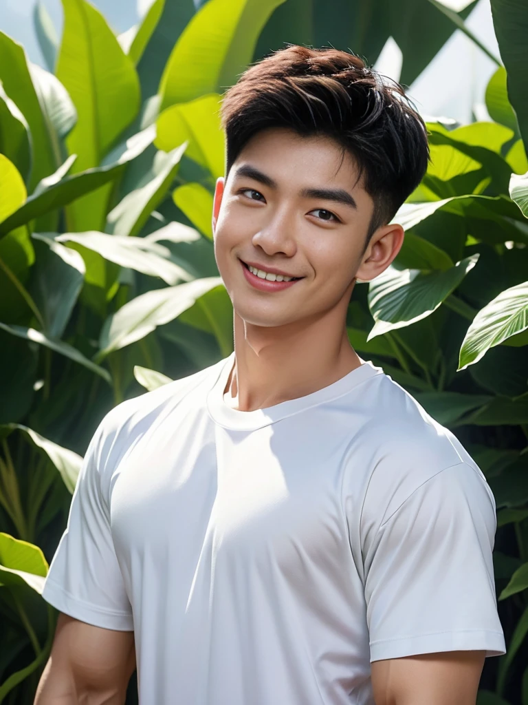 man , white t-shirt, black short hair , outdoor , cute smile , หน้าhandsomeแบบเกาหลีสมจริง , modest muscles , Masterpiece、High resolution、Surreal、detailed face、alone、man、Glowing skin、(Asia)、handsome、Detailed background