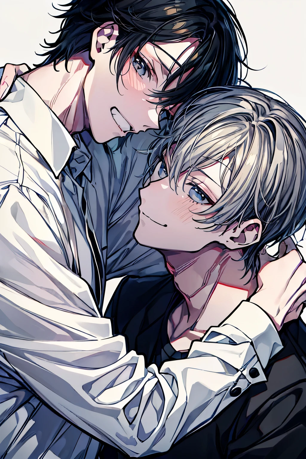 (Mastepiece), (Best Quality), Very detailed, ((Two men intimate)), Perfect Face, Beautiful Face, Very detailed顔，(One black-haired man:1.3)，(One white-haired man:1.3)，shirt、smile