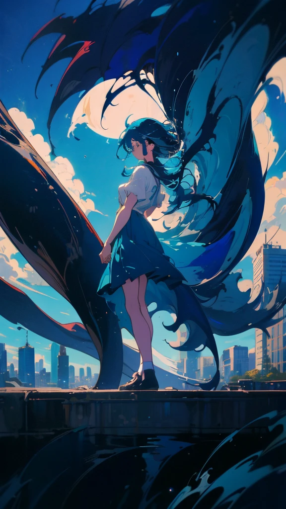 Blue-haired long hair,Design clothing,Seven-doppelganger shot,Anime style 4K,Anime girl with teal hair,High quality anime art style,Standing painting,Splash ink background,Blue Themes、Pure white background,Buildings,Face close-up,Buildings,Moon and sun、Long legs, whale flying in the sky,giant whale,Black Hair