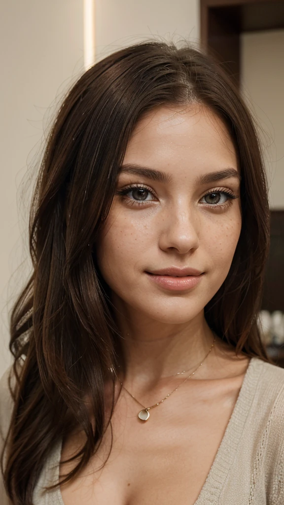 Her face shines with great, expressive eyes, which are framed by long eyelashes. The eye color is an intense blue, Green or a warm hazelnut brown, that immediately catches the eye. Your skin is flawless and radiant with health, with a light glow, which makes your face appear lively and fresh. Your full, symmetrical lips are accentuated with a natural or slightly glossy lipstick, which makes her smile even more attractive. The nose is straight and well-proportioned, harmonizes perfectly with the high, defined cheekbones, that give your face an elegant structure.Her hair is long and shiny, falls in natural waves or is smooth and healthy. The hair color is a rich brown, radiant blonde or deep black, possibly with soft highlights or a modern balayage effect, which adds additional depth and dimension.Her body is slim, but curvy, with an accentuated hourglass figure. A narrow waist leads to shapely hips and a well-proportioned chest. Her posture exudes self-confidence and grace, which makes their overall appearance even more impressive.The clothes, that she wears, is fashionable and trend-conscious, underlines your figure and combines elegance with everyday practicality. Her style is sophisticated and modern, while using minimalist and tasteful accessories such as subtle earrings, wears a delicate necklace or fine bracelets, that give your look that certain something.A warm, A friendly smile adorns her face and gives her a pleasant and approachable charisma. A small beauty flaw like freckles, a charming birthmark or a special hair color can emphasize your uniqueness and authenticity, which makes them even more distinctive and attractive.Overall, this woman presents herself as a harmonious mixture of naturalness and perfection, whose charisma through authenticity and individual